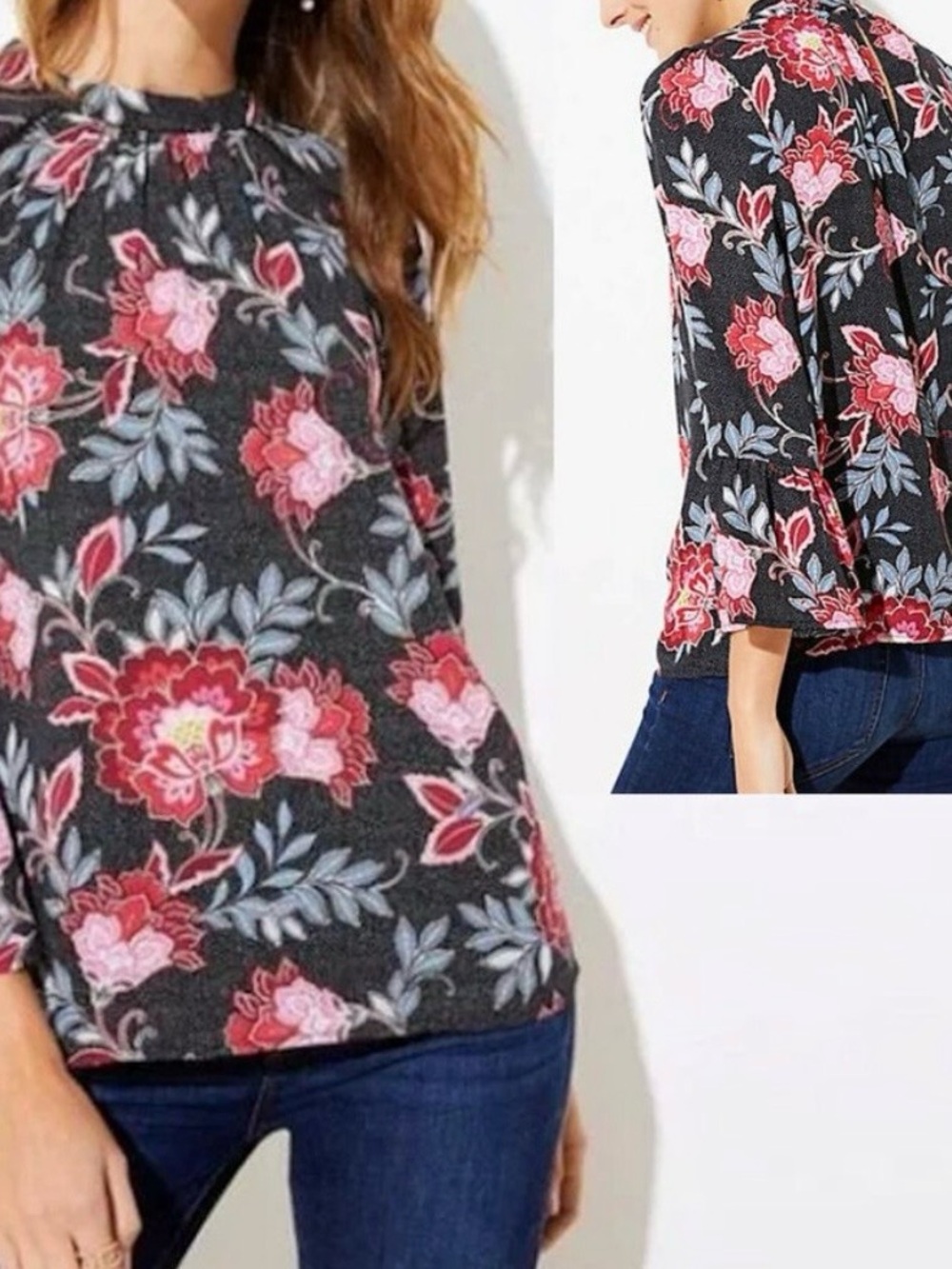 LOFT Garden Floral Bell Sleeve Mock Neck Blouse Black Pink Red Size M